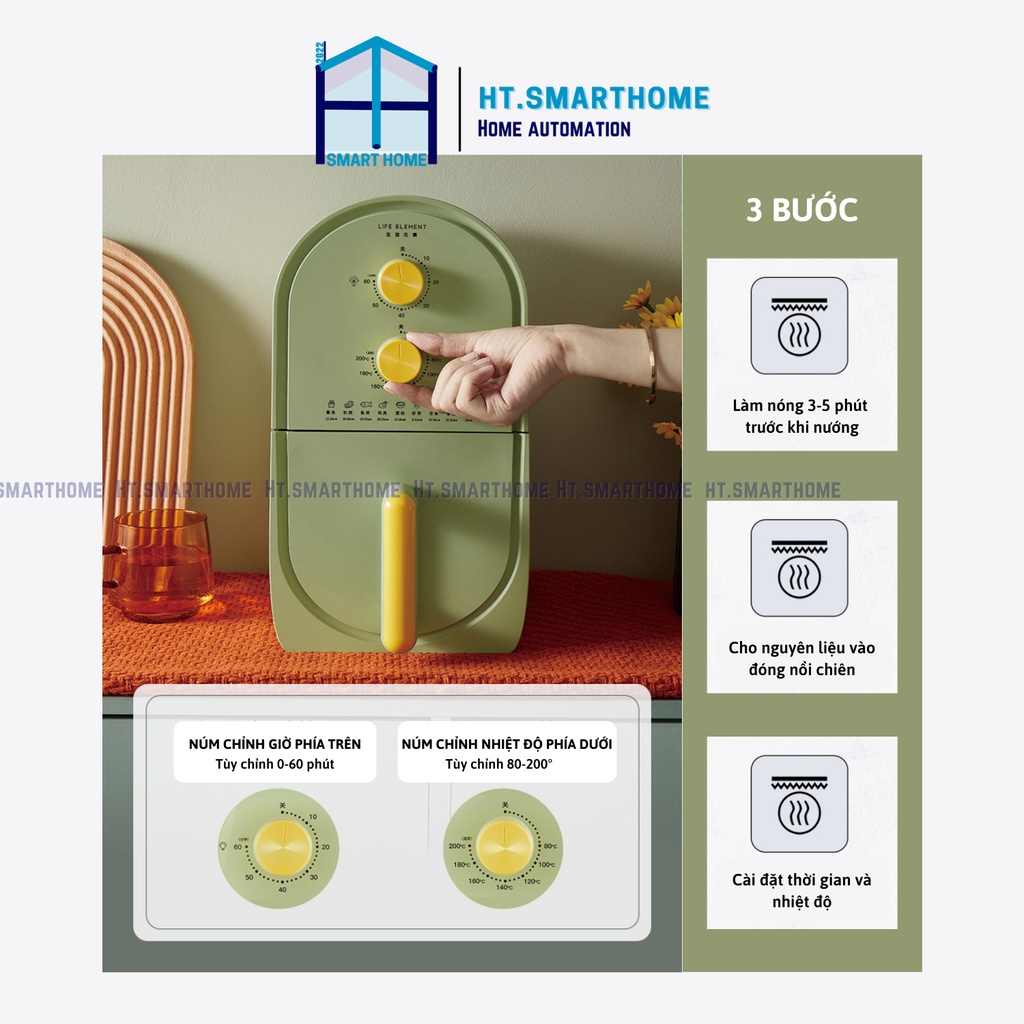 Nồi chiên không dầu Life Element mini Xanh bơ - Nồi chiên gia đình 3L 1-3 người - Nhỏ gọn tiện lợi