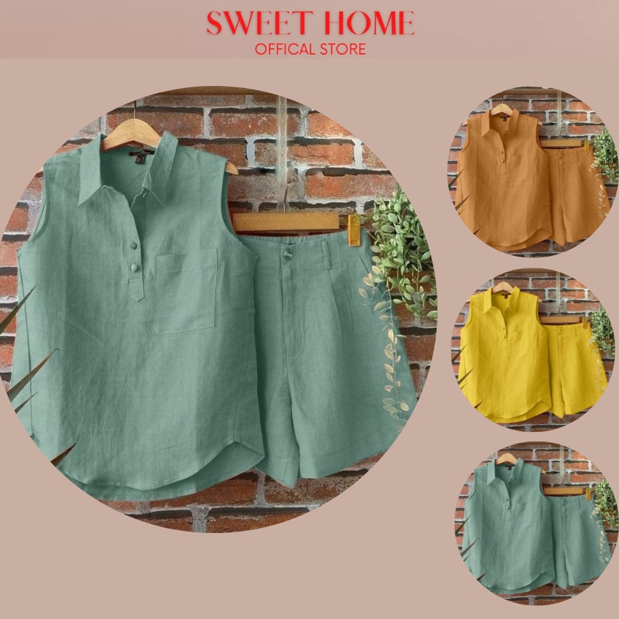 Bộ Quần Áo Ba Lỗ Quần Đùi Sweet Home Vải Đũi Linen Hàn Quốc T1