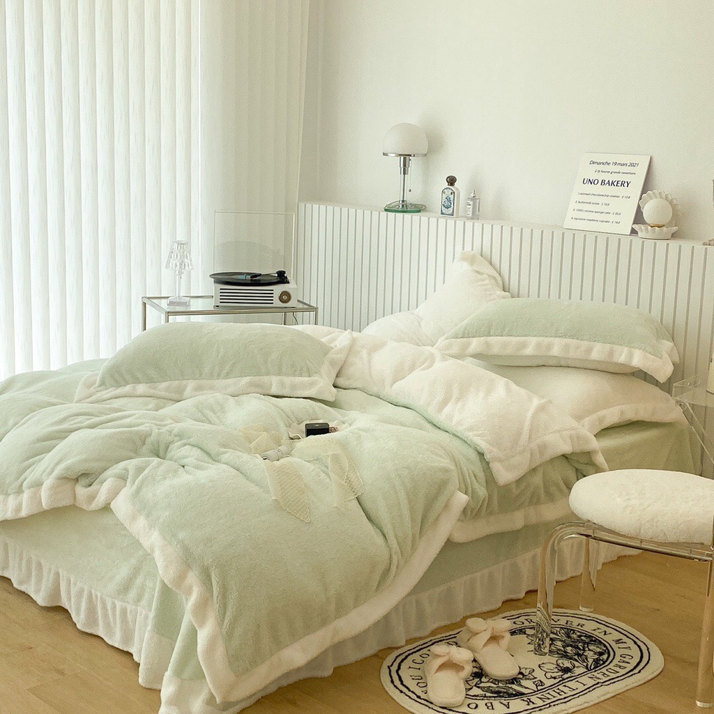 Bộc chăn ga Nỉ Nhung Tuyết Sữa cao cấp - Sét 4 món mềm mịn Decor siêu xinh