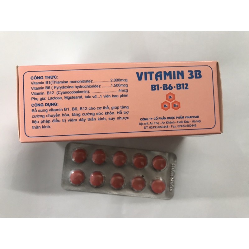 VITAMIN 3B  - B1,B6,B12- Hộp 100 viên nén  Vinaphar -Hỗ trợ cải thiện tình trạng thiếu hụt vitamin nhóm B