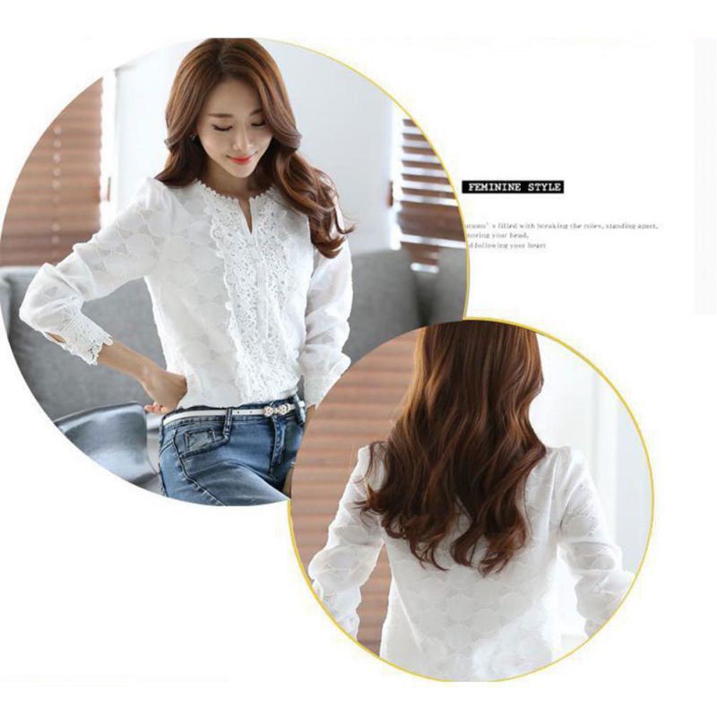 Áo sơ mi kiểu tay dài cổ V viền ren thanh lịch cho nữ