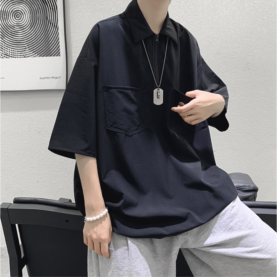 Áo Thun Polo Có Dây Kéo áo polo nam Dáng Rộng Thiết Kế áo thun có cổ Đơn Giản Thời Trang áo phông nam có cổ Hàn Quốc áo phông polo nam