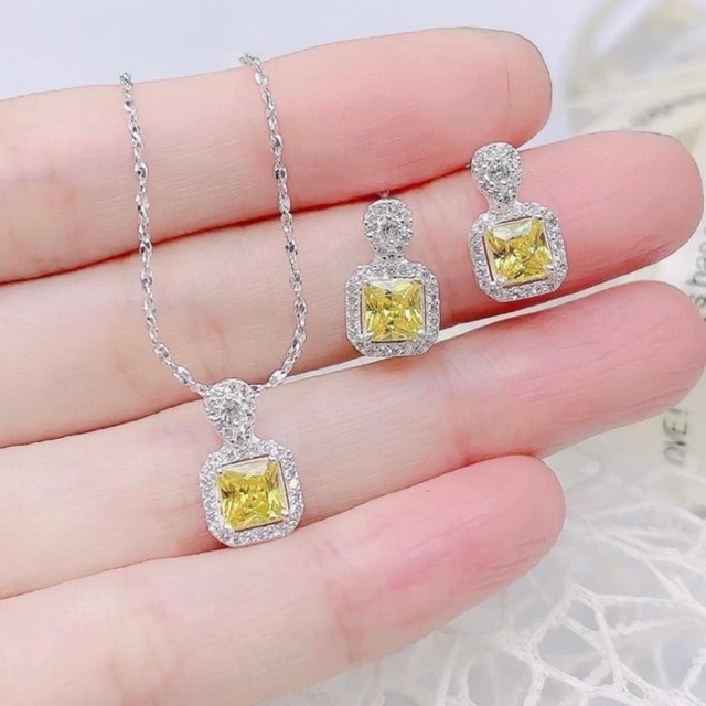 Set bộ Vuông đá Bạc ta sang trọng, đá lấp lánh tinh tế, 2 màu xinh xắn Mainomi Shop Bạc Xinh