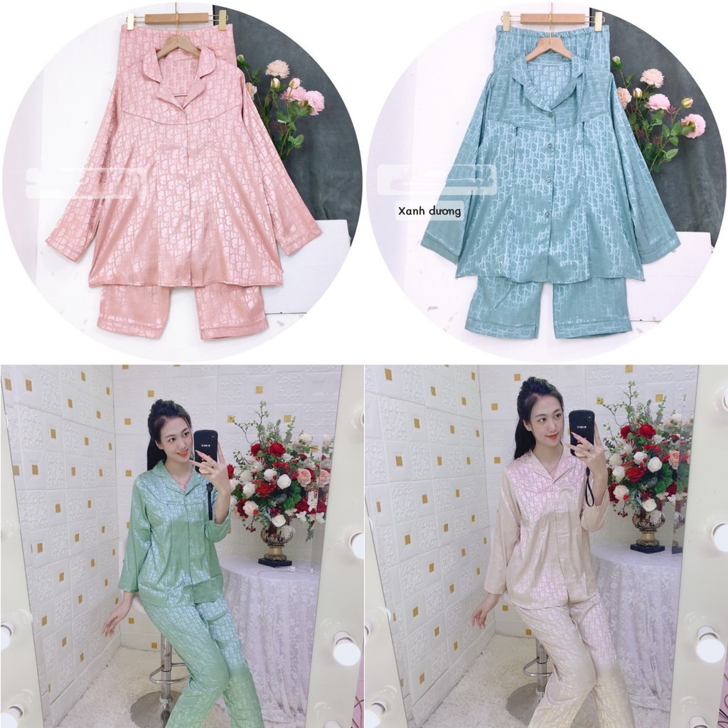 Bộ đồ bầu pijama-Bộ lụa gấm dài tay có khóa kéo cho con bú sau sinh BD933