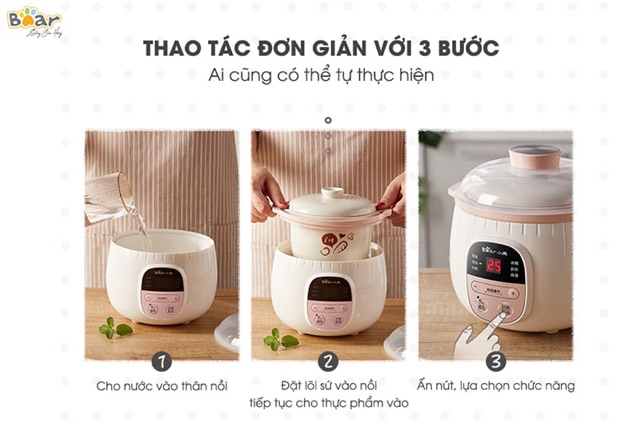 < Bản Quốc Tế BH12 tháng> Nồi nấu chậm Bear 2 ngăn dùng nấu cháo ninh hầm cách thuỷ và chế biến đồ ăn dặm cho bé