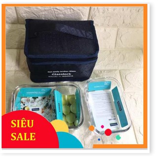 SET TÚI GIỮ NHIỆT CỘNG 2 HỘP CƠM VĂN PHÒNG THỦY TINH CÓ CHIA NGĂN (670ML + 400ML)