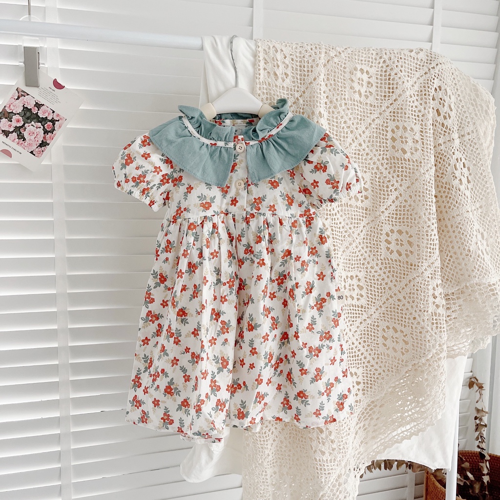 Váy hè cộc tay hoa nhí cổ bèo xanh 8-21kg (1-6 tuổi)