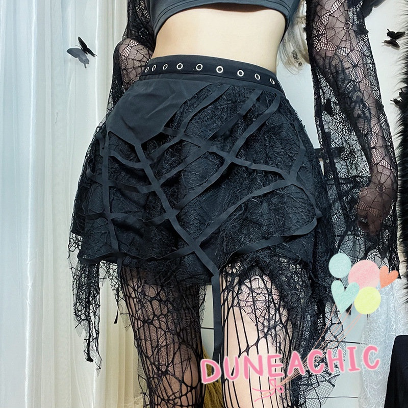 DUNEA Chân váy mini lưng cao phối tua rua phong cách gothic thời trang dành cho nữ