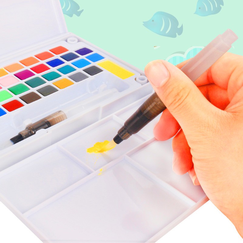 Bộ Màu Nước Solid Water Color Cao Cấp 12/18/24/36 Màu Tặng kèm 2 Bút Nước, 2 Mút, 1 Palette