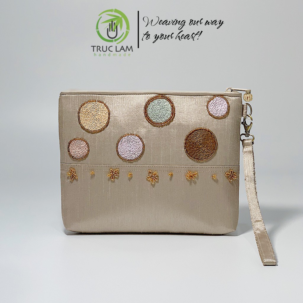 Ví Cầm Tay Đựng Ipad Clutch Vải Tafta Thêu Vòng Tròn Hạt Cườm Thủ Công Cỡ Bé - Trúc Lâm Handmade