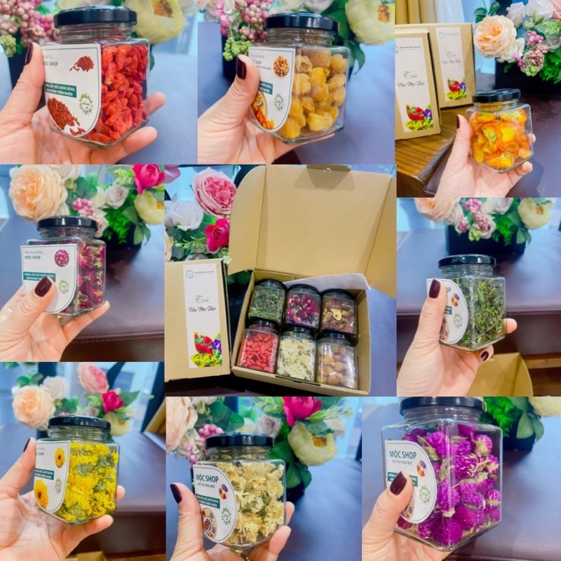 Trà Hoa Thảo mộc hũTự chọn 23 loại mix hộp quà( Hoa Hồng,Hoa Cúc,Nhài,Cam,Quế,Nẫu Đơn, Táo...) hũ 200ml