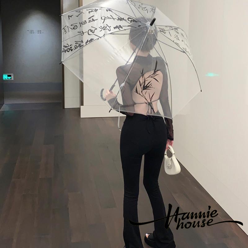 Hannie-áo Crop Top Tay Dài Cổ Cao Phối Lưới Xuyên Thấu Buộc Dây Hở Lưng Thời Trang Hoang Dã Cho Nữ