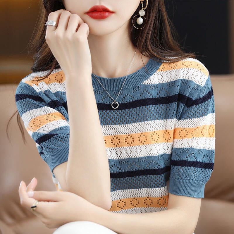 Áo Thun Dệt Kim Ngắn Tay Cổ Tròn Họa Tiết Kẻ Sọc Thời Trang Mùa Hè Hàn Quốc Cho Nữ