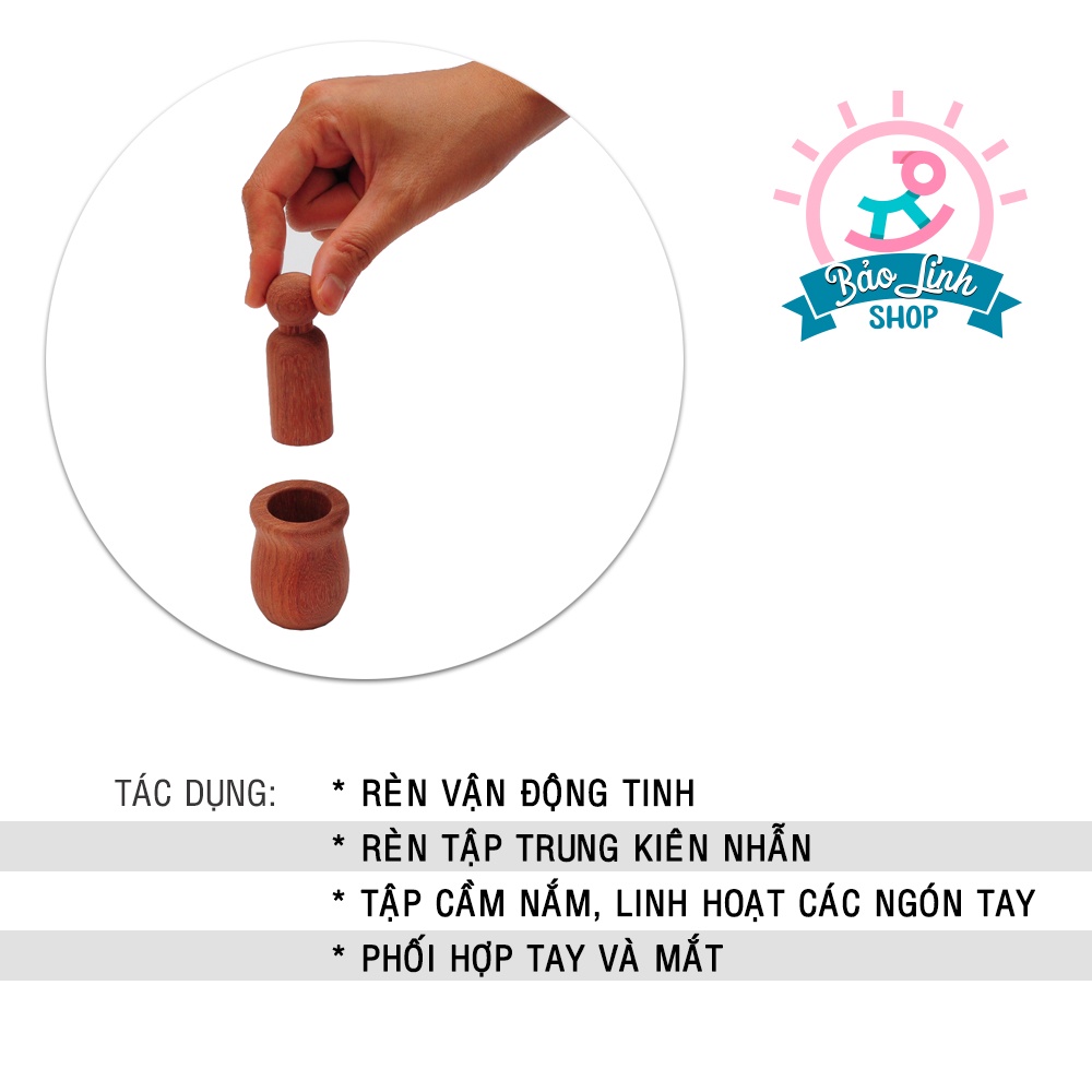 Giáo cụ Montessori 0-3 - Set Búp bê gỗ Hương CAO CẤP rèn vận động tinh, giúp đôi tay linh hoạt cho bé 8-9 tháng tuổi
