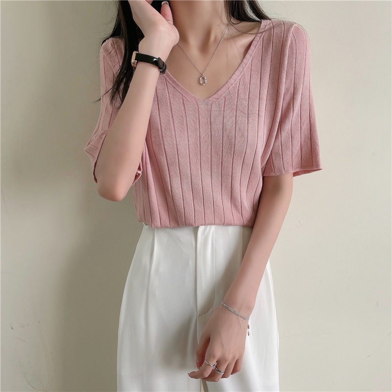 NZN Áo Thun Dệt Kim Tay Ngắn Cổ Chữ V Phong Cách Hàn Quốc Cho Nữ