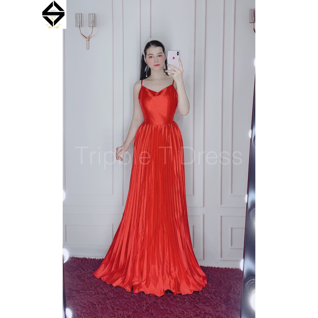 Đầm dự tiệc 2 dây cổ đổ tùng xếp ly TRIPBLE T DRESS - size M/L - MS87V