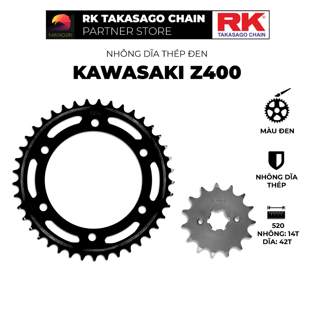 Nhông Dĩa RK Takasago cho xe phân khối lớn Kawasaki Z400, chất liệu: Thép mạ màu đen, độ dày Nhông Dĩa: 520