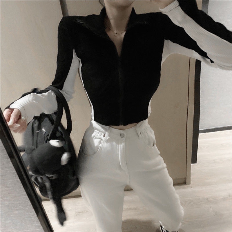 COZOK Áo khoác len cardigan cổ cao ôm dáng phối khóa kéo đa năng