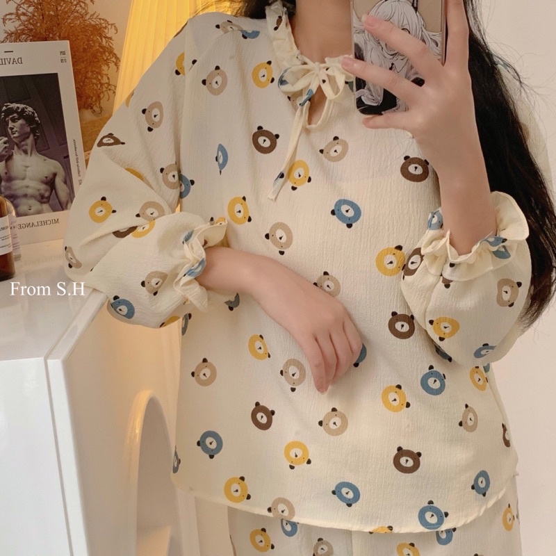 [ ẢNH THẬT ] Pijama cổ nơ xốp đũi Hàn dáng dài hoạ tiết xinh xắn. Bộ ngủ nữ hoạt hình dễ thương
