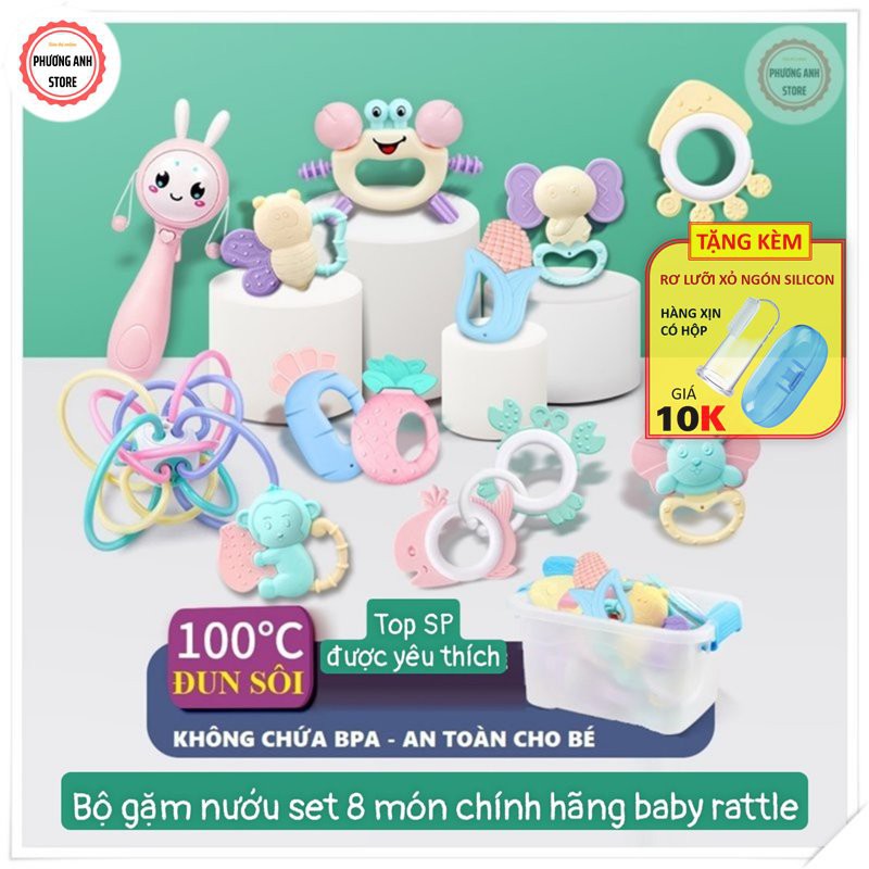 [Giảm giá thần tốc] BỘ GẶM NƯỚU LỤC LẠC SILICON SET 8 MÓN CÓ HỘP CHO BÉ 💛FREESHIP XTRA💛 HÀNG CHÍNH HÀNG BABY RATTLE CA