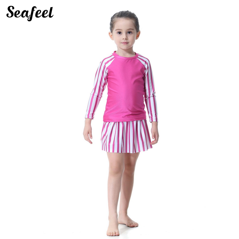 Set Đồ Bơi Áo Tay Dài + Chân Váy + Nón Đáng Yêu Cho Bé Gái