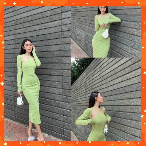 Đầm Dự Tiệc Nữ Cổ Yếm Dây tay dài hot hit AN HI Đẹp Tôn Dáng-Tặng Kèm Áo Khoác Ngoài Siêu Hót
