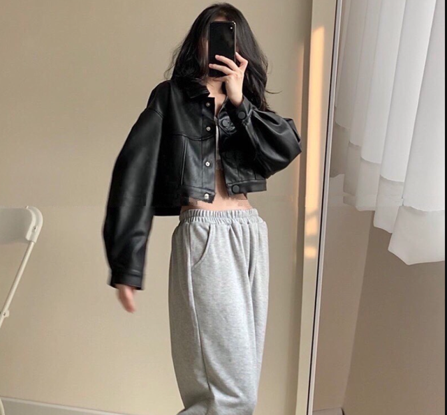 Áo khoác da 🌸FREESHIP🌸 Áo khoác da nữ croptop basic siêu ngầu màu đen over size