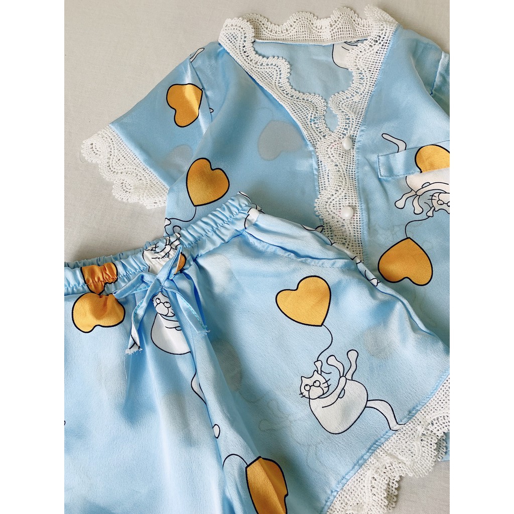 Bộ Đồ Ngủ Pijama Cộc Tay Cho Bé Gái Mặc Nhà Chất Lụa Satin Hình Tim Phối Viền Ren BN09 - Babi mama