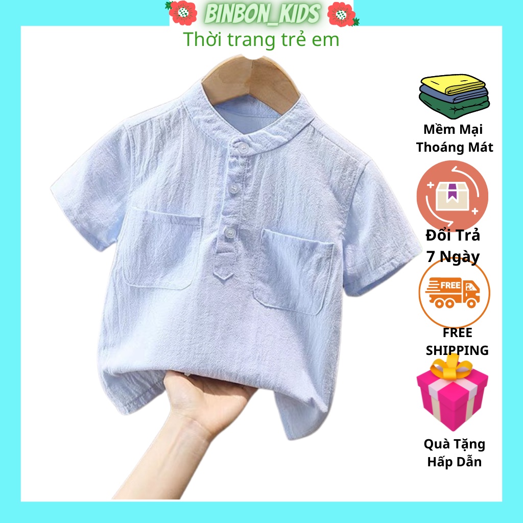 Áo sơ mi bé trai , Áo cộc tay bé trai chất đũi xước cao cấp cổ trụ 2 túi cực mát cho bé từ 8-28kg ASM01 BINBON KIDS