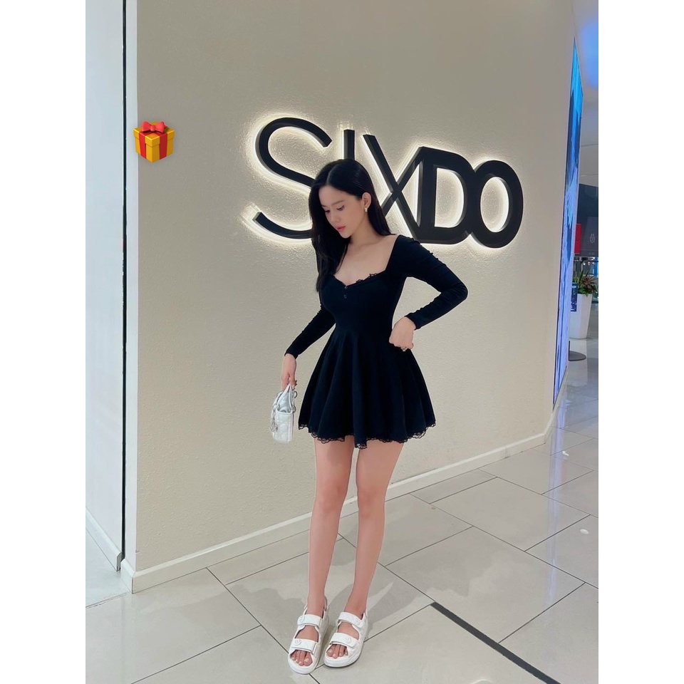 Đầm váy nữ kiểu tay dài cổ vuông dáng xoè nhẹ tiểu thư sang chảnh