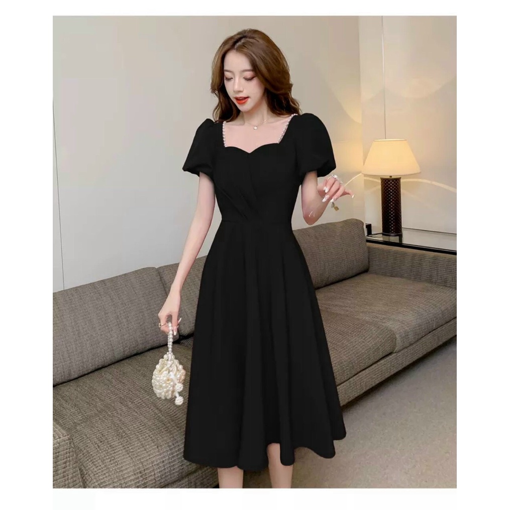 Đầm thời trang nữ mặc dự tiệc sang trọng chất for tay búp cổ v chéo váy dài xoè suông xếp ly