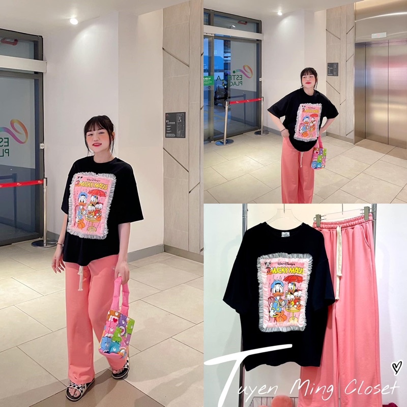 Set áo cotton micky phối lưới quần suông gân C11