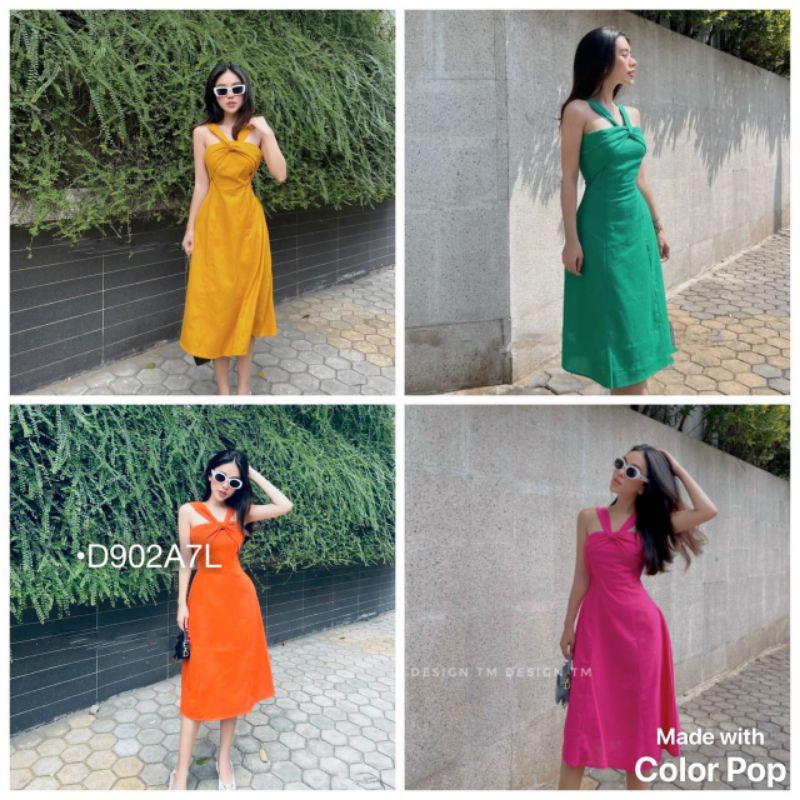 Đầm Nữ Đi Biển Dáng Suông Váy Maxi Yếm Đan Dây Vải Thô Mịn Màu Vàng/Hồng/Xanh Lá/Cam