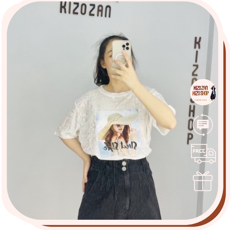 Áo thun nữ tay ngắn cổ tròn in hình blink blink lấp lánh from rộng, áo phông chất cotton giấy hàng Quảng Châu 2203