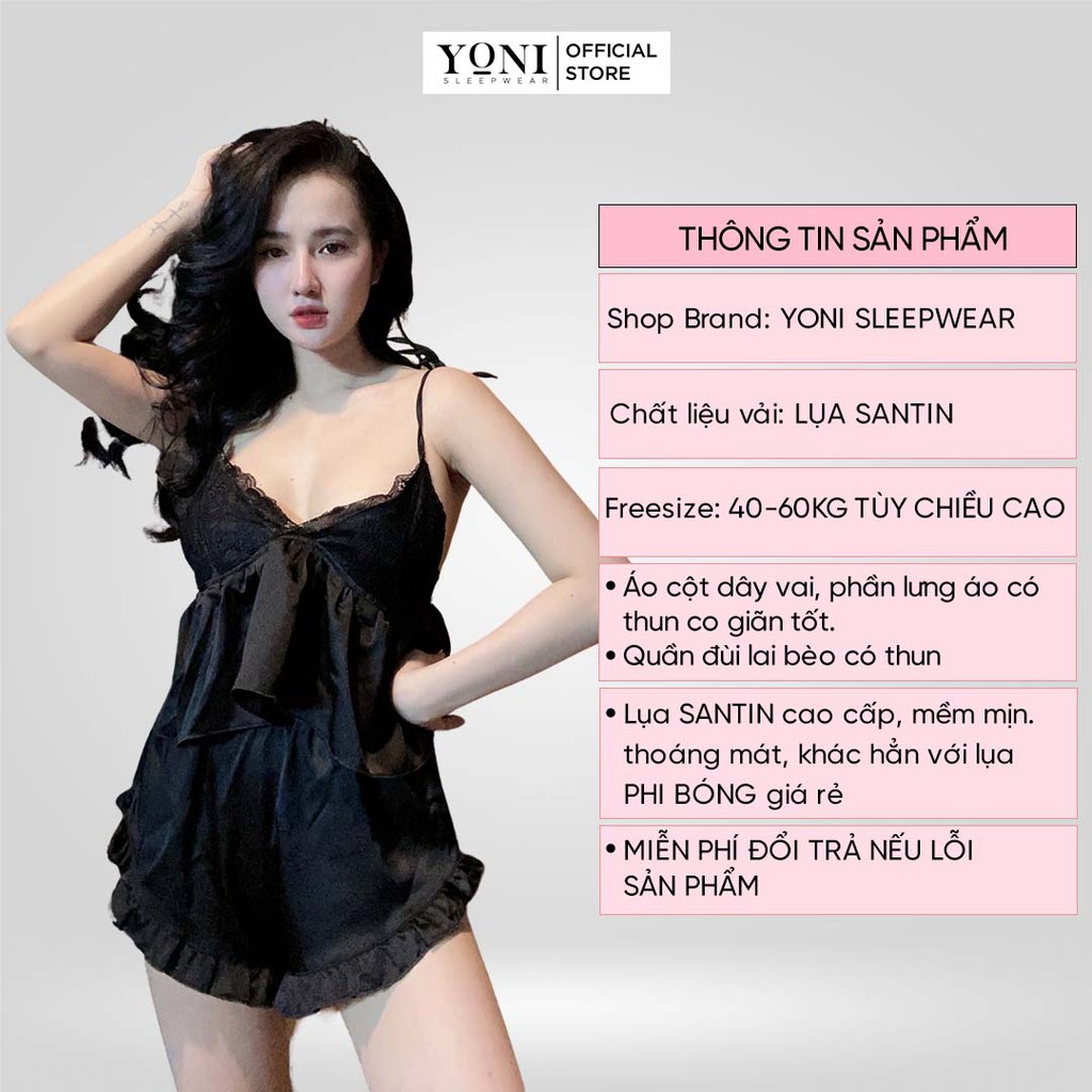 Đồ ngủ sexy đồ ngủ 2 dây cột vai phối ren, chất liệu lụa satin mềm mại, freesize 40-60kg tùy chiều cao YONI 030 | BigBuy360 - bigbuy360.vn