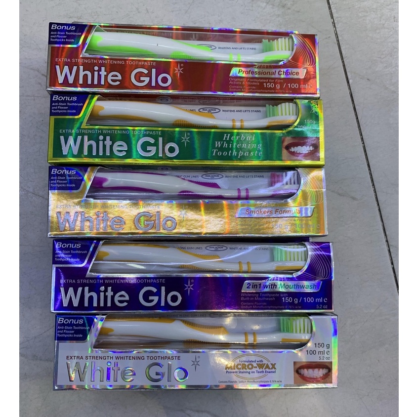 Bộ kem đánh răng WHITE GLO 150g (Đỏ / Tím / Xanh / Vàng / Trắng)