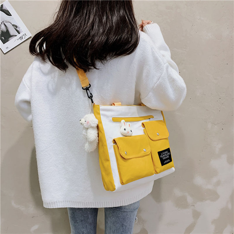 Túi Xách Nữ Vải Bạt Thời Trang Hàn Horizontal square canvas literary one-shoulder portable handbag Women's single shoulder, size 29*33*7CM, black/yellow/blue/pink
