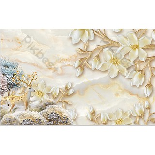 Tranh dán tường Hoa lan sang trọng và hươu vàng, Tranh dán tường 3d hiện đại (tích hợp sẵn keo) MS780182