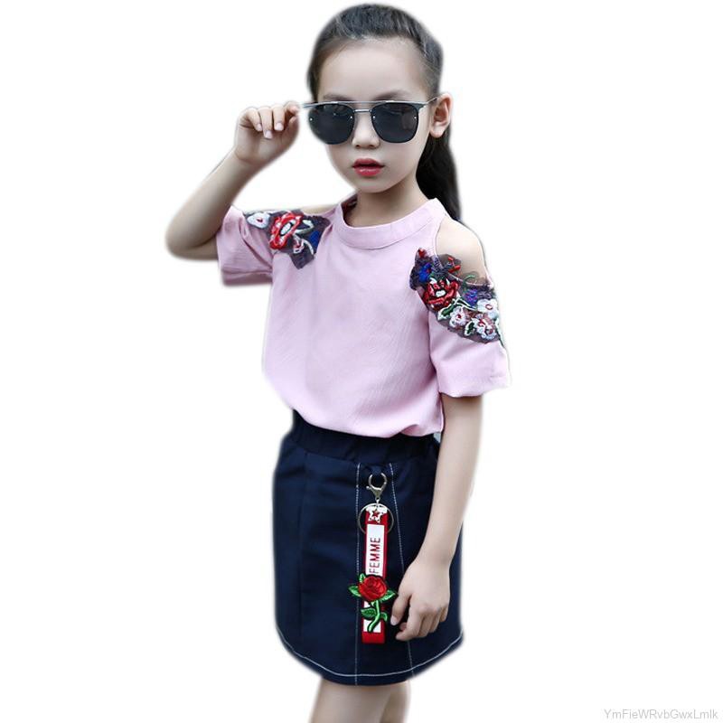 Set Áo Trễ Vai Tay Ngắn Hoạ Tiết Hoa + Chân Váy Cho Bé Gái