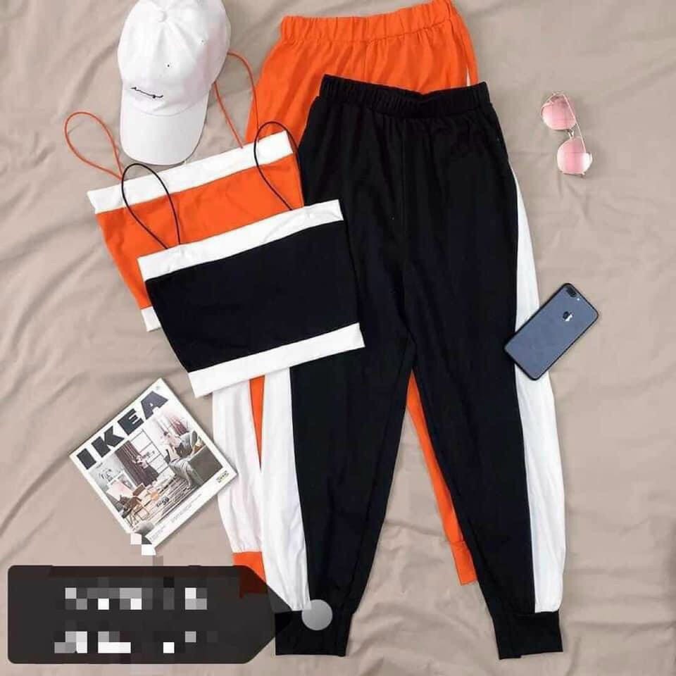 Sét bộ áo hai dây croptop viền màu phối quần sọc đứng cực xinh , chất thun bozip mềm mịn ( ảnh thật )