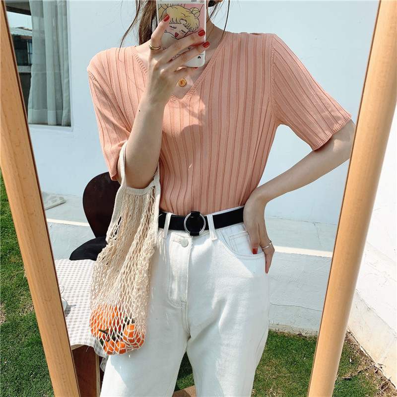 Áo len nữ ngắn tay cổ tim, áo len tăm thu đông trơn suông A64