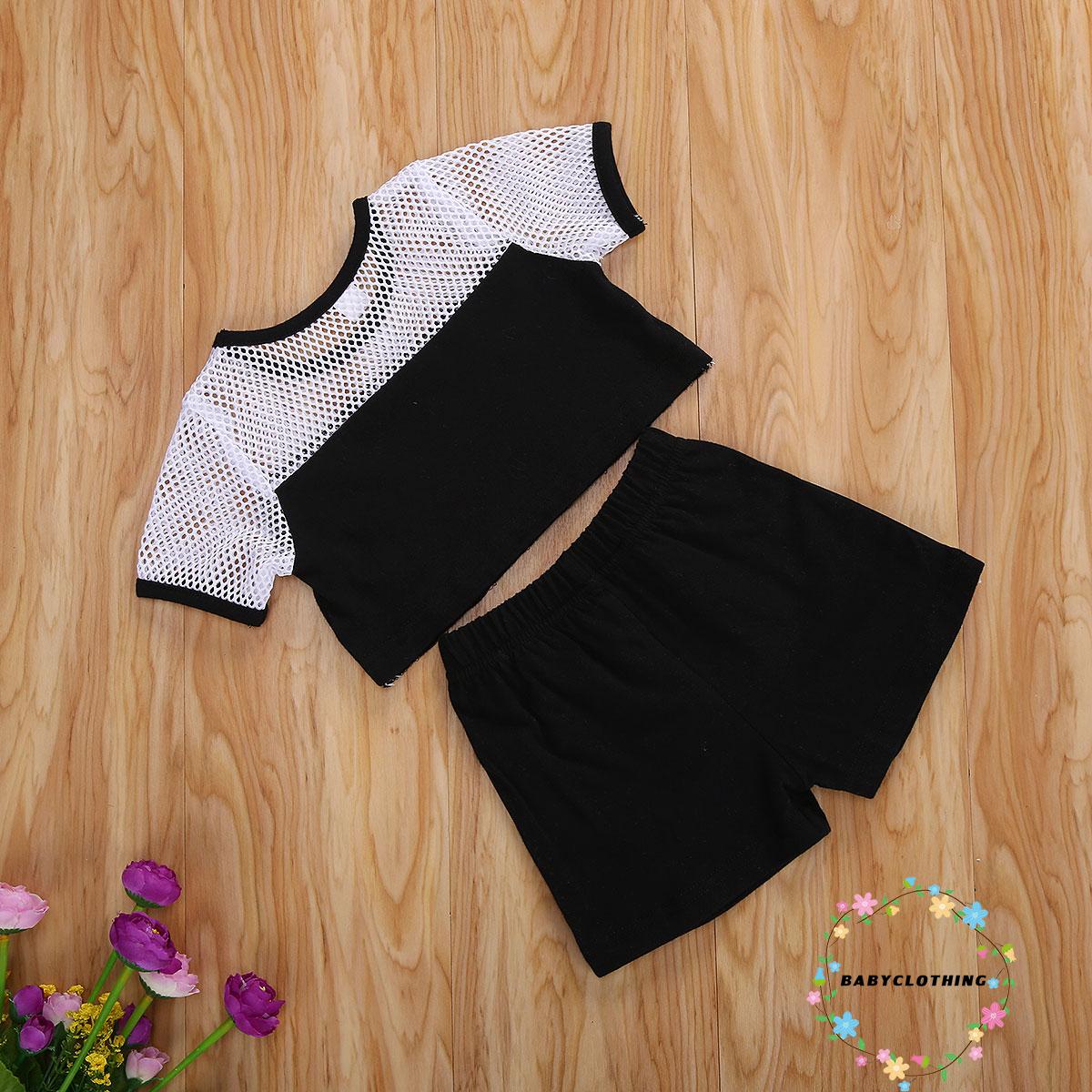 Set Áo Thun Ngắn Tay + Quần Short Lưng Thun Phối Lưới Cho Bé Gái