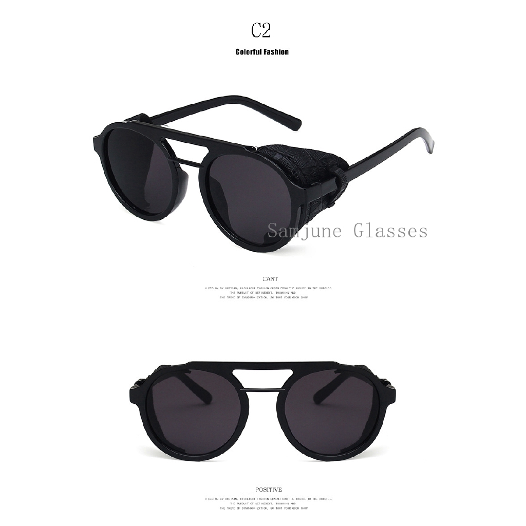 PU leather frame punk sunglasses men's new luxury brand steampunk round retro glasses