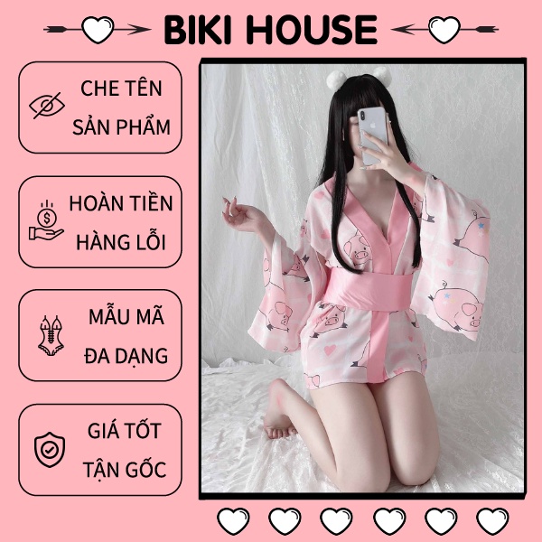 Cosplay kimono xẻ ngực sexy quyến rũ áo choàng ngủ kimono cao cấp in hình bé heo - thỏ đáng yêu BIKI HOUSE N743