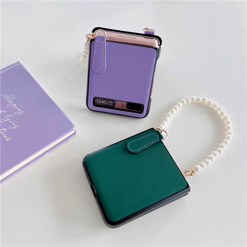 Bao Da Điện Thoại PU Dạng Gập Chống Sốc Có Dây Xích Cho Samsung Galaxy Z Flip 3 Flip1/2