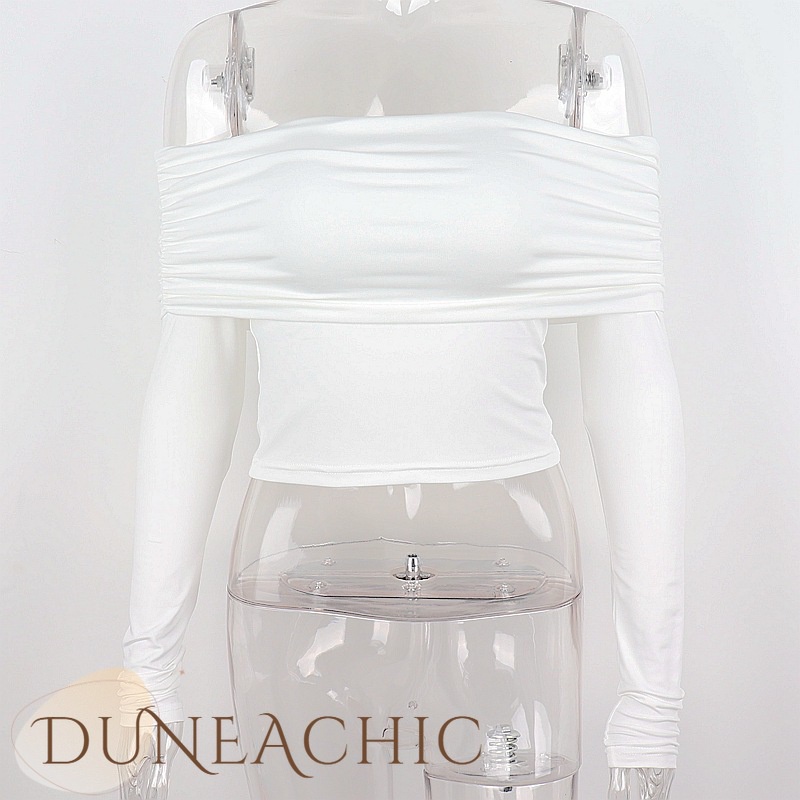 DUNEA Áo kiểu tay dài trễ vai màu trơn phong cách đường phố cho nữ