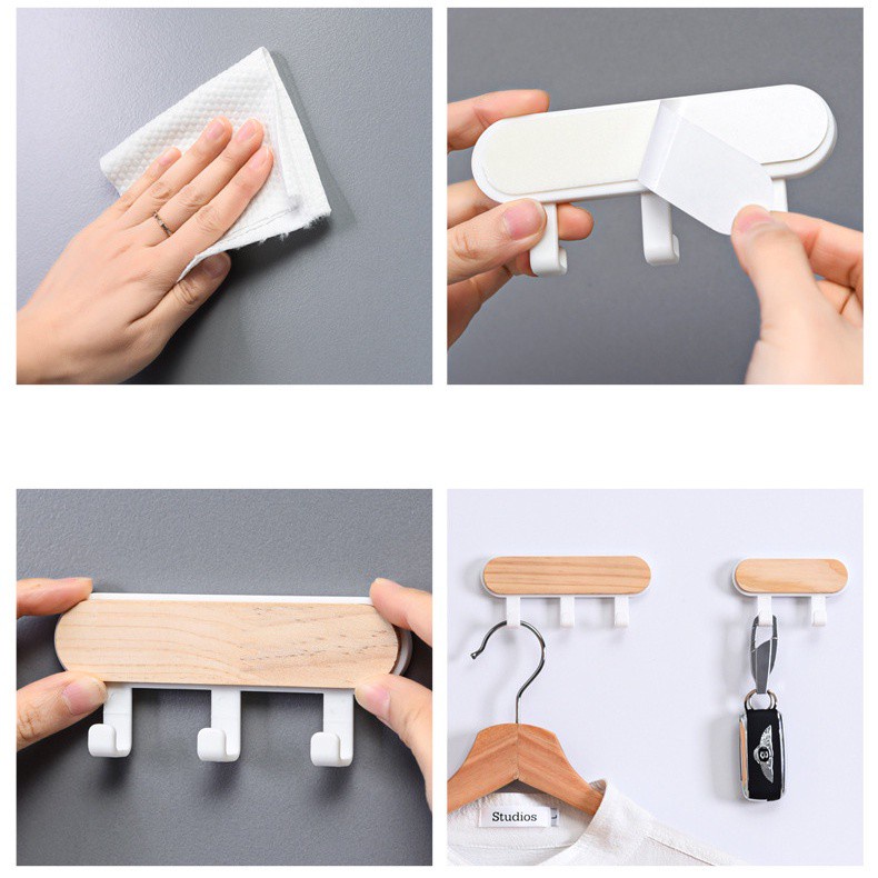 SUPO DEPOT - Móc treo đồ dán tường bằng gỗ tự dính tiện dụng