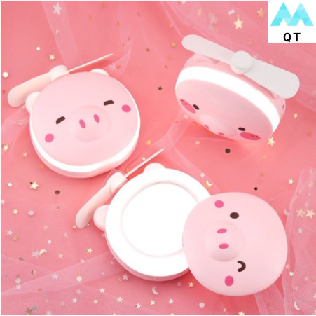 $1 Đổi 1 - BH $ Quạt mini cầm tay hình con heo,con gấu đa năng 3 trong 1 có đèn led có gương cực dễ thương