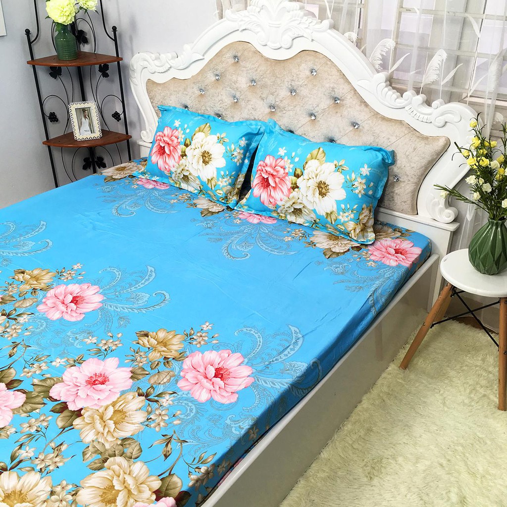 Bộ Ga Và 2 Vỏ Gối Cotton Poly Mẫu HOA TRÀ XANH Phong Cách Hàn Quốc mới PR017