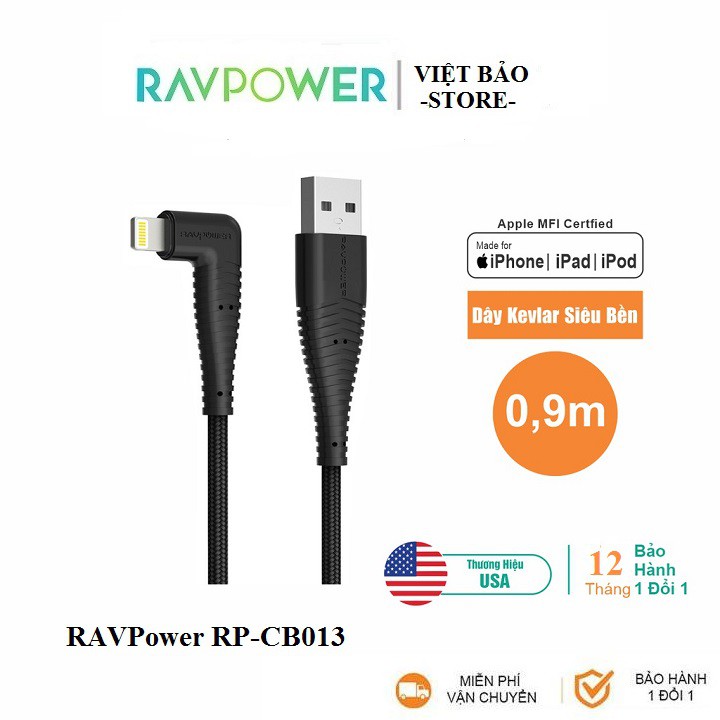 Cáp Sạc USB-A ra Light.ning RAVPower RP-CB013- Chân chữ L hỗ trợ chơi game [Bảo hành 12 tháng]